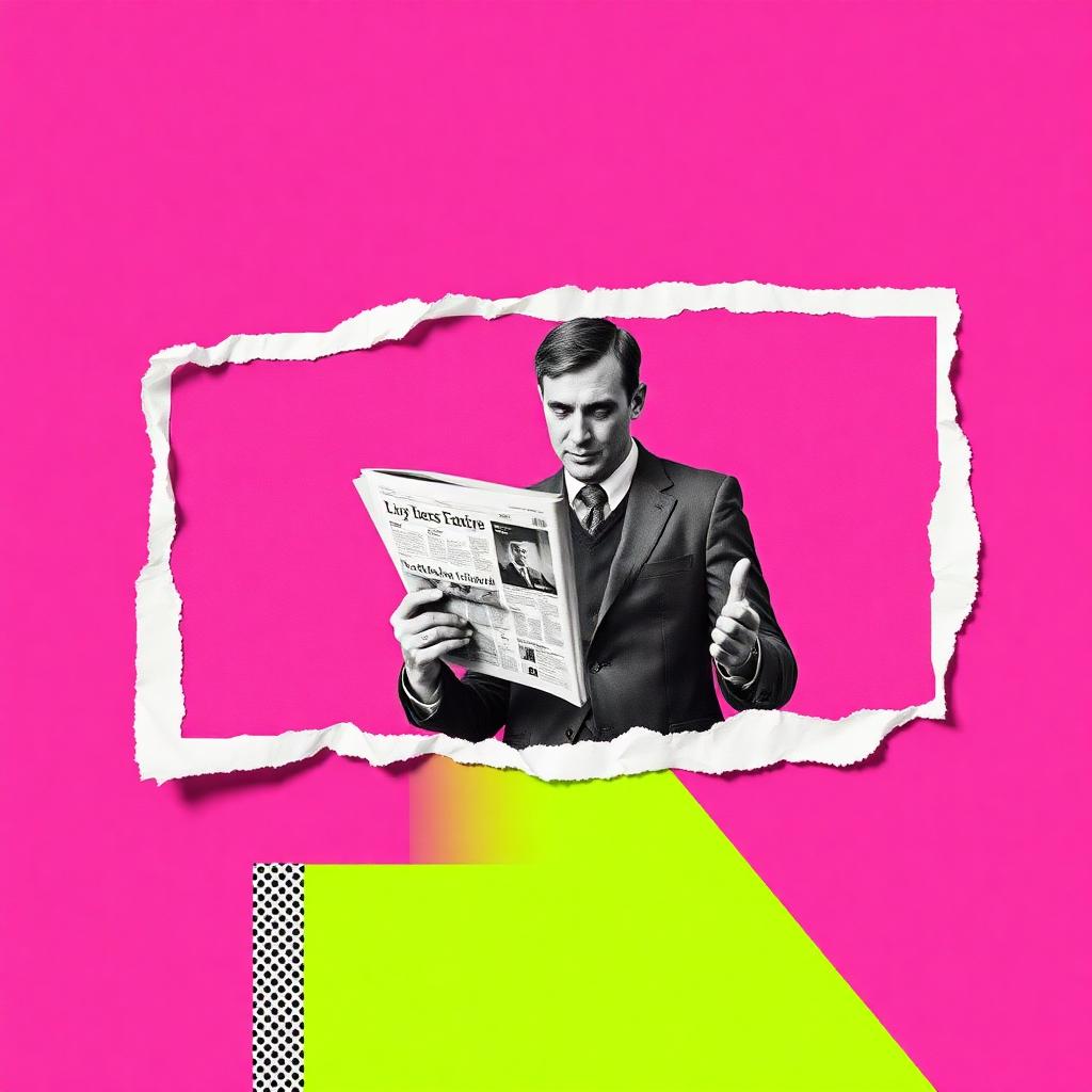 Collage: Mann liest Zeitung, Papier reisst auf